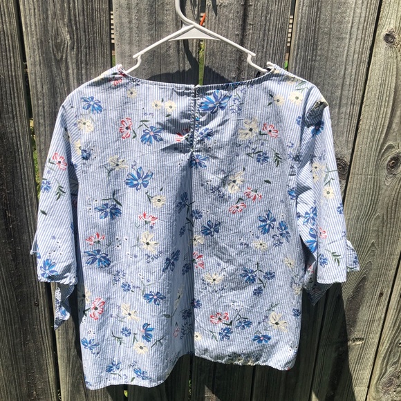 H&M Blue Floral Stripe Short Sleeve Blouse - Picture 7 of 8